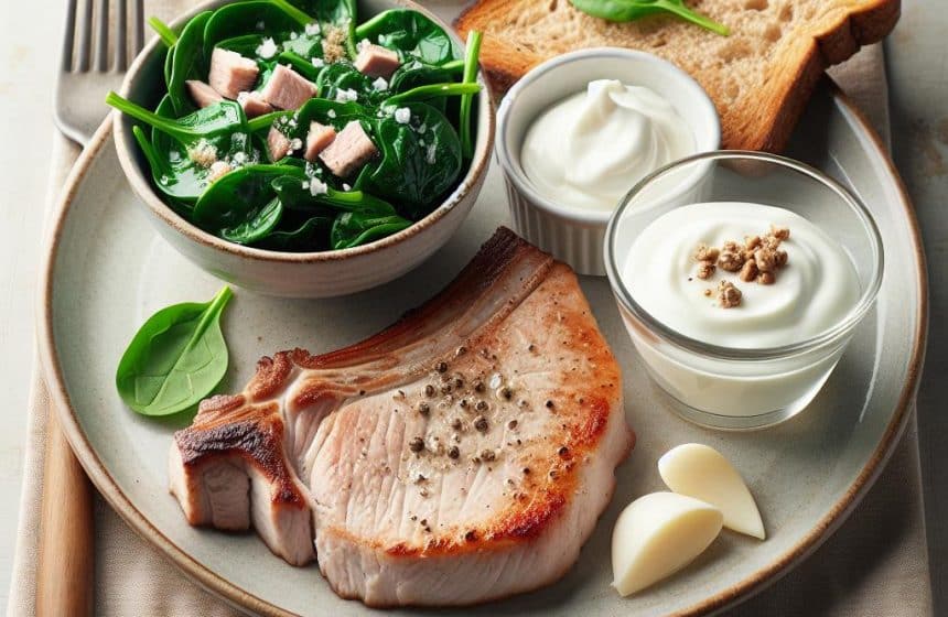 Côte de Porc aux Épinards avec Pain Complet et Yaourt Nature