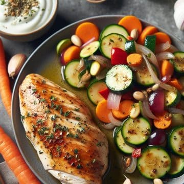 Poulet rôti et poêlée de légumes avec Skyr et Raisins