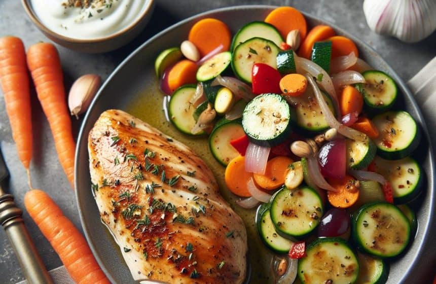 Poulet rôti et poêlée de légumes avec Skyr et Raisins
