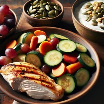 Poulet rôti et poêlée de légumes aux graines de courges, Skyr et raisin