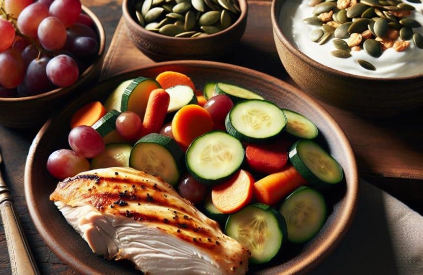 Poulet rôti et poêlée de légumes aux graines de courges, Skyr et raisin