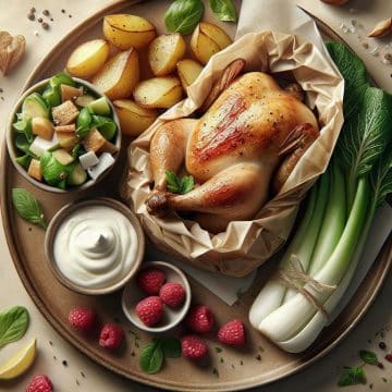 Poulet en Papillote avec Pommes de Terre au Four, Endives en Salade, Yaourt Nature et Framboises