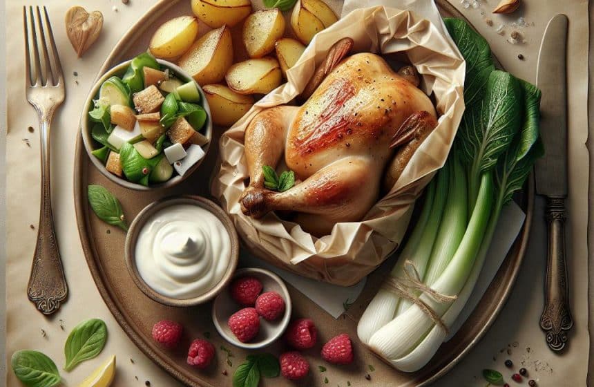 Poulet en Papillote avec Pommes de Terre au Four, Endives en Salade, Yaourt Nature et Framboises