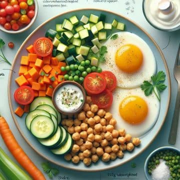 Délice de légumes et œufs au plat avec pois chiches et yaourt nature