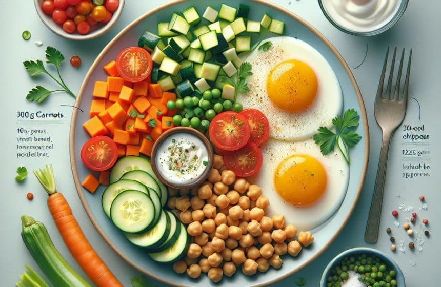 Délice de légumes et œufs au plat avec pois chiches et yaourt nature