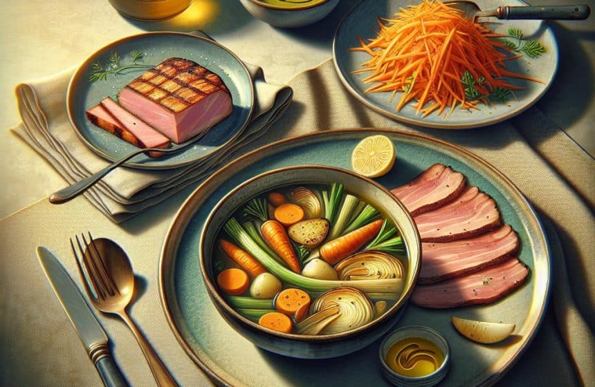 Soupe de Légumes avec Jambon Grillé et Carottes Râpées