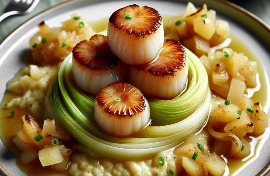 St Jacques sur Fondue de Poireaux avec Compote Non Sucrée