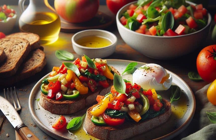 Bruchettas de Pain Complet aux Poivrons, Salade de Tomates, Œuf Poché et Pomme