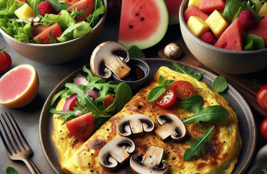 Omelette aux Champignons avec Salade et Fruits Frais