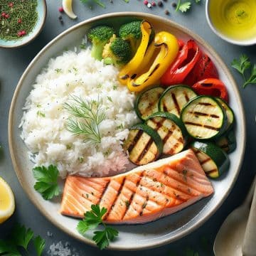 Saumon Grillé avec Riz Blanc et Légumes Grillés