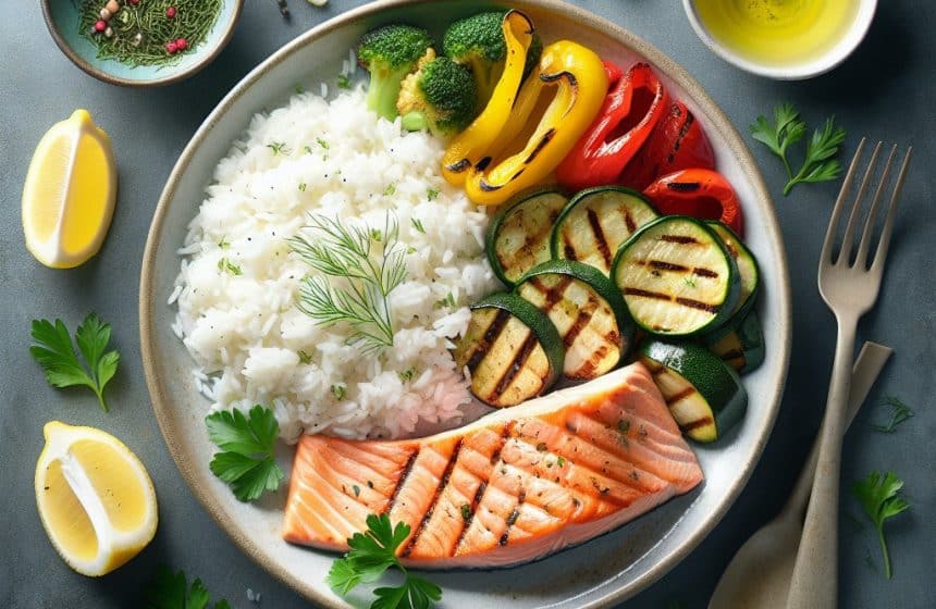 Saumon Grillé avec Riz Blanc et Légumes Grillés