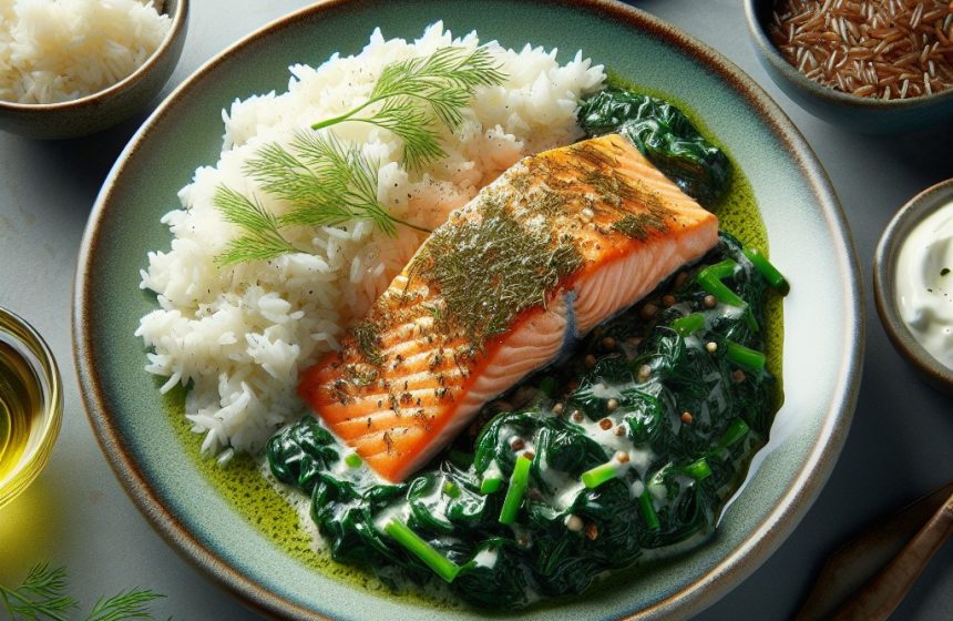 Saumon au Four avec Épinards à la Crème et Riz Basmati