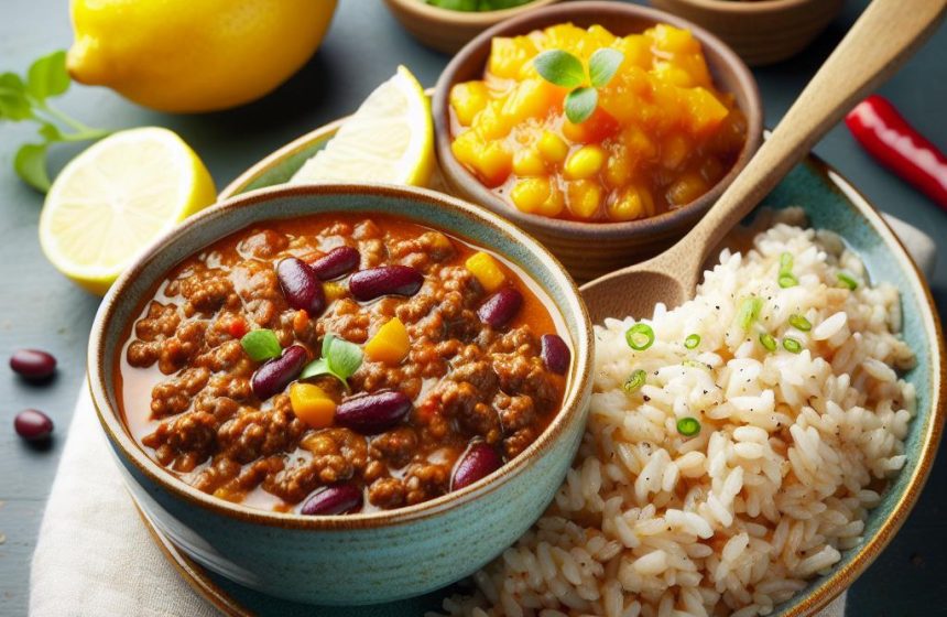 Chili con Carne Équilibré avec Riz Complet et Compote de Fruits