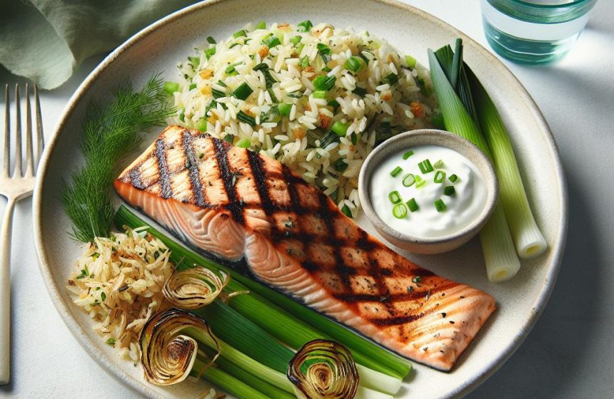 Saumon Grillé et Riz aux Herbes avec Poireaux