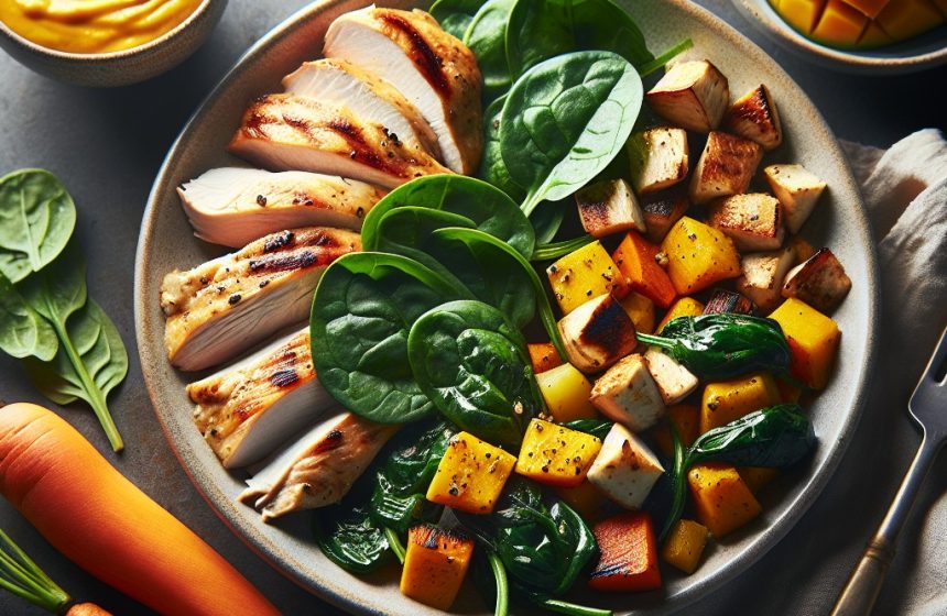 Délice de Poulet Grillé aux Légumes Rôtis et Yaourt Mangue