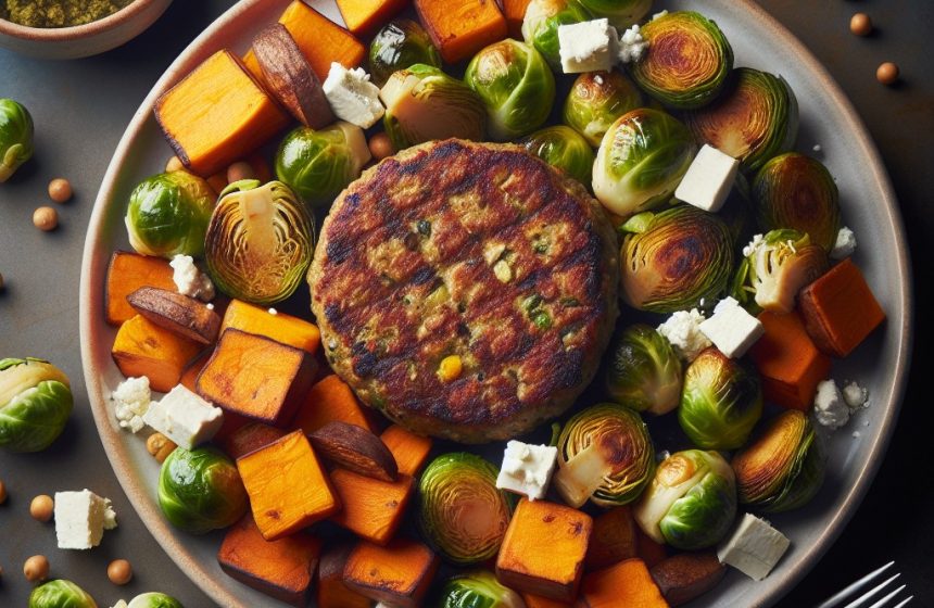 Galettes de Légumes et Soja avec Choux de Bruxelles et Patates Douces Rôties