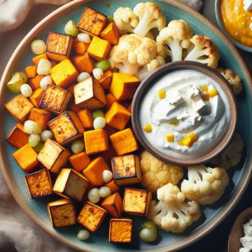 Tofu Rôti aux Patates Douces et Chou-Fleur avec Sauce au Yaourt de Soja et Mangue