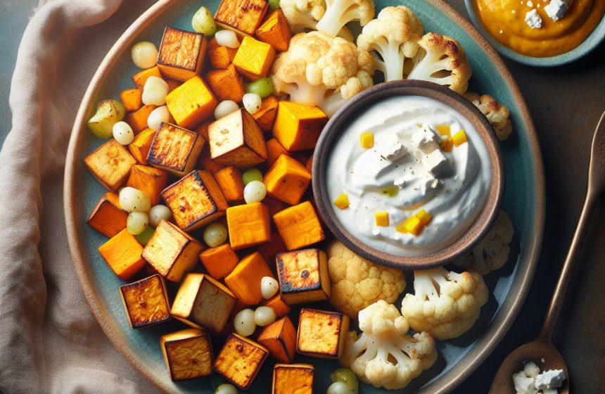Tofu Rôti aux Patates Douces et Chou-Fleur avec Sauce au Yaourt de Soja et Mangue