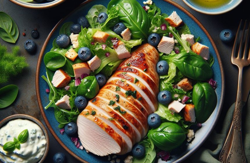 Filet de Dinde Gourmand avec Salade Verte et Skyr aux Myrtilles