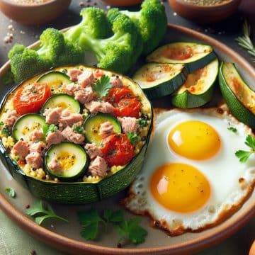 Délice de Courgette Farcie au Quinoa, Tomate et Thon avec Œufs au Plat et Brocoli Vapeur