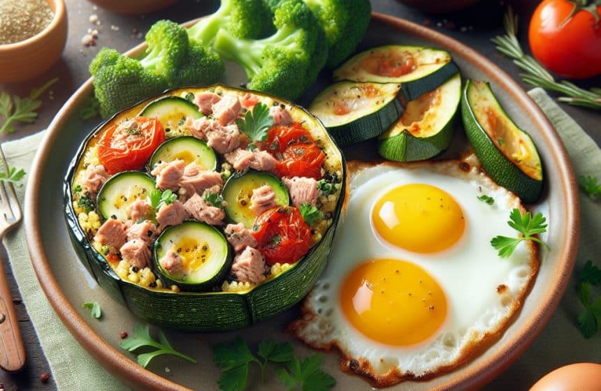 Délice de Courgette Farcie au Quinoa, Tomate et Thon avec Œufs au Plat et Brocoli Vapeur