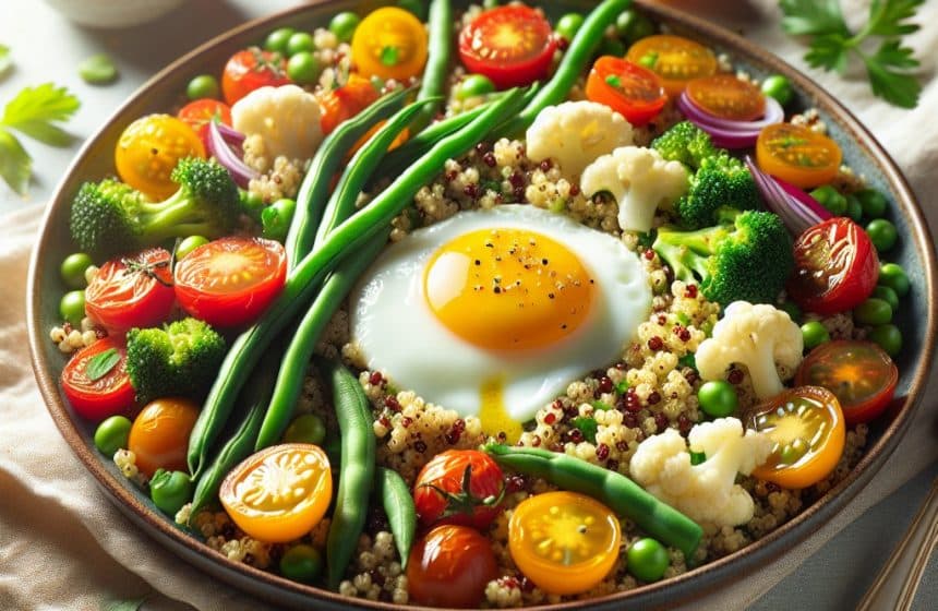 Quinoa Coloré aux Légumes et Œuf au Plat