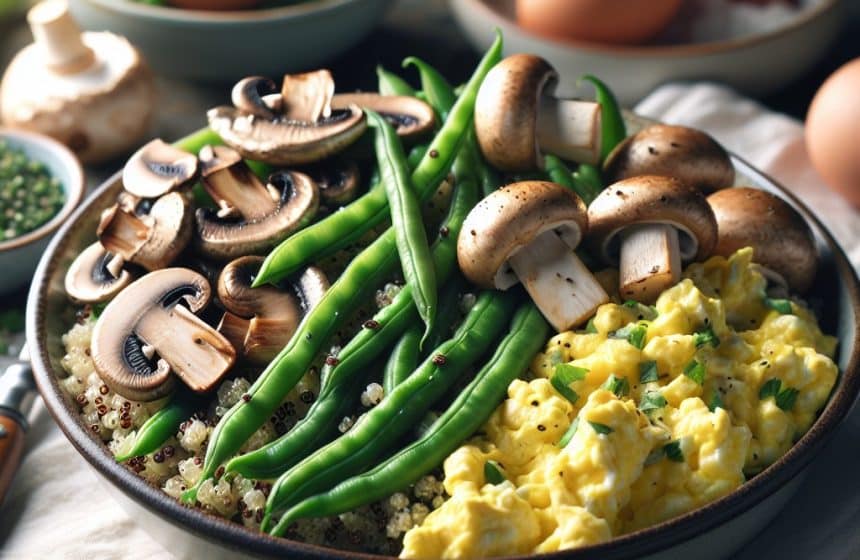Délice de Quinoa aux Haricots Verts et Champignons avec Œufs Brouillés