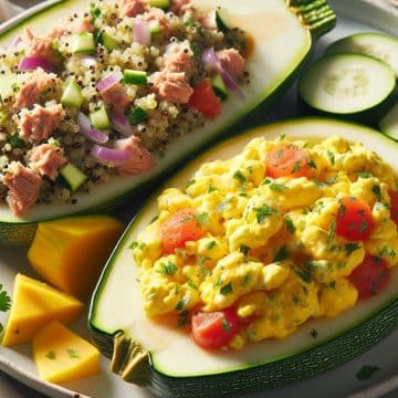 Œufs Brouillés aux Herbes avec Courgette Farcie au Quinoa et Thon