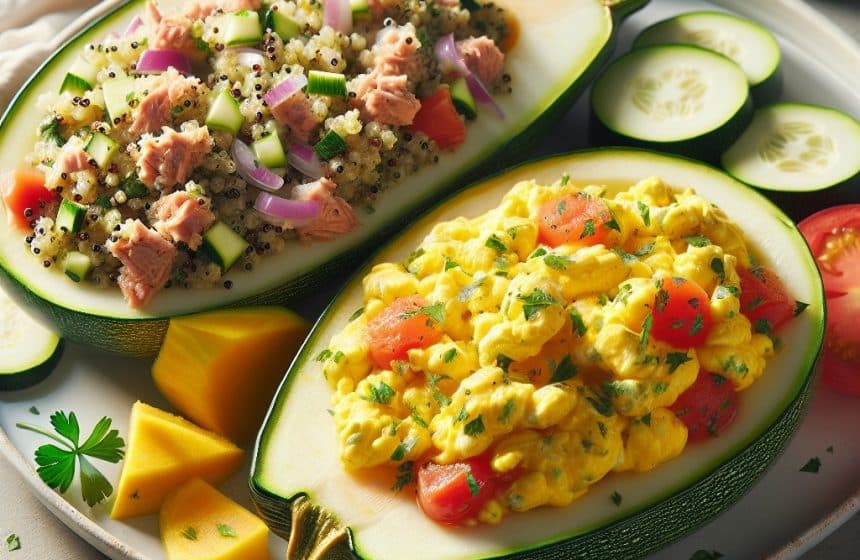 Œufs Brouillés aux Herbes avec Courgette Farcie au Quinoa et Thon