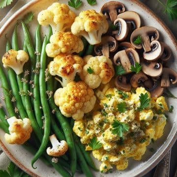 Délice de Chou-fleur Rôti aux Haricots Verts et Champignons, accompagné d’Œufs Brouillés aux Herbes