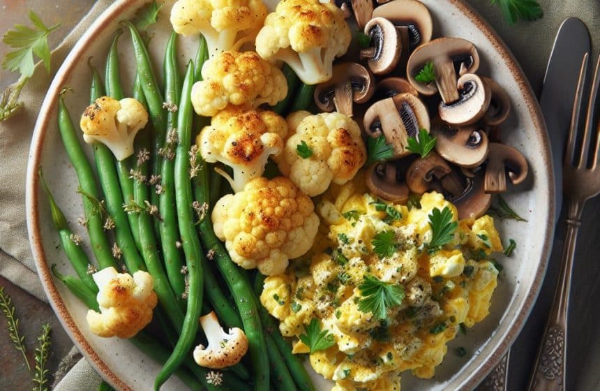 Délice de Chou-fleur Rôti aux Haricots Verts et Champignons, accompagné d’Œufs Brouillés aux Herbes