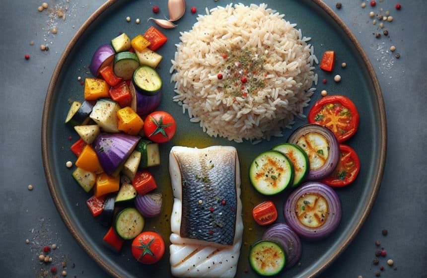 Riz Complet au Cabillaud Vapeur et Ratatouille