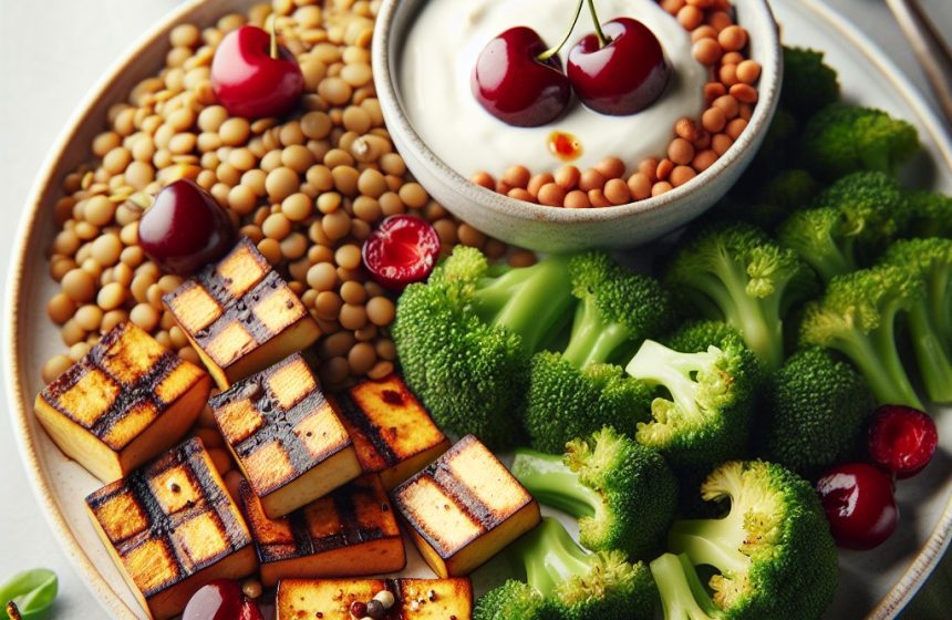 Tofu Grillé aux Brocolis et Lentilles, accompagné de Yaourt Soja Cerises