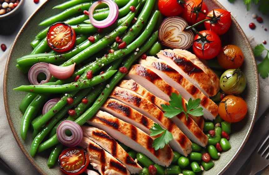 Escalope de Dinde Grillée aux Haricots Verts, Tomates et Oignons