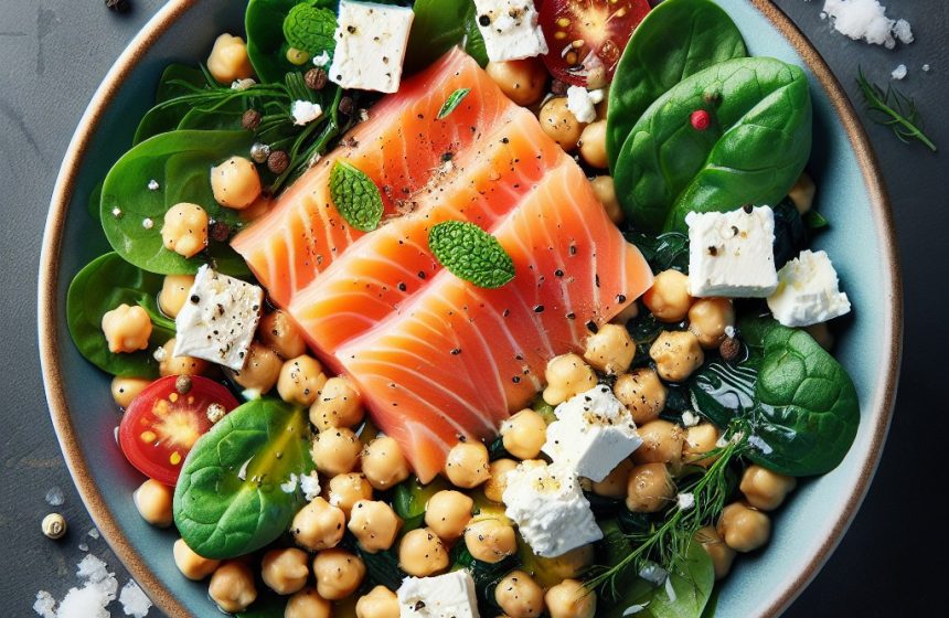 Salade de Pois Chiches aux Épinards, Saumon et Fromage Feta