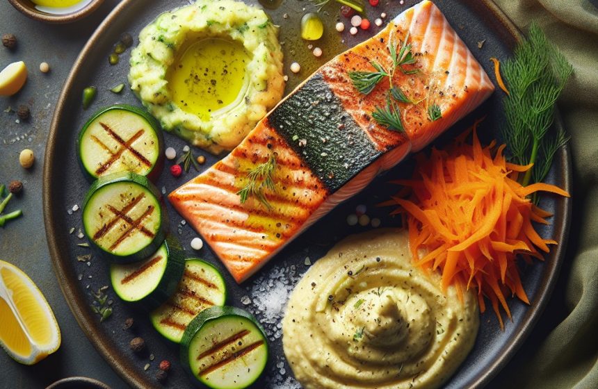Pavé de Saumon avec Purée de Courgette et Carotte Râpée