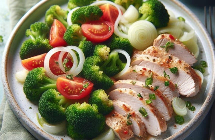 Escalope de Dinde aux Brocolis Vapeur, Tomate et Oignons