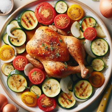 Blanc de Poulet Rôti aux Courgettes, Tomates et Oignons