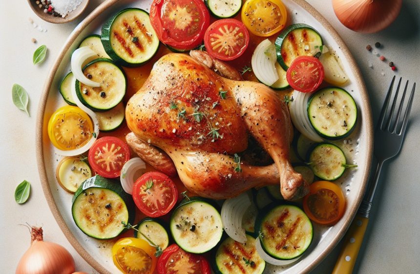 Blanc de Poulet Rôti aux Courgettes, Tomates et Oignons
