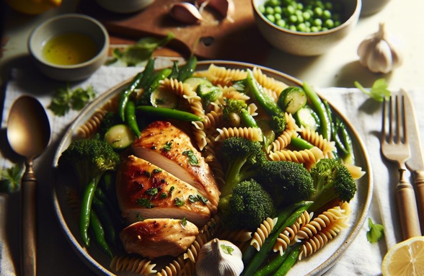 Poulet Sauté aux Pâtes et Légumes Verts