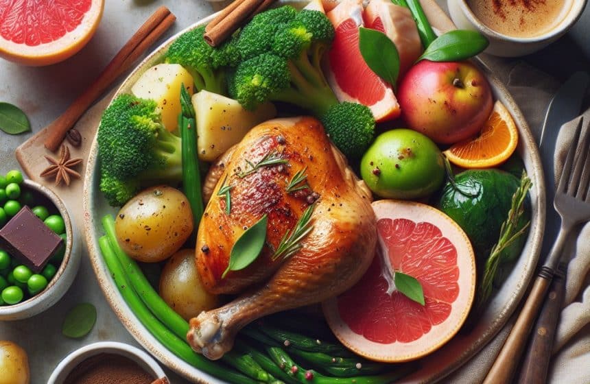 Délice de Poulet Rôti aux Légumes Verts et Douceur de Pamplemousse