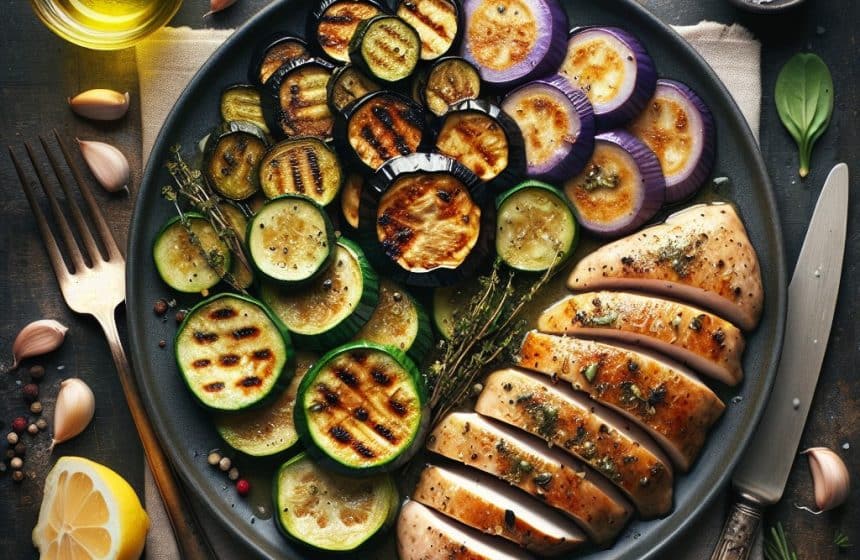 Aubergine et Courgette Rôties avec Escalope de Poulet