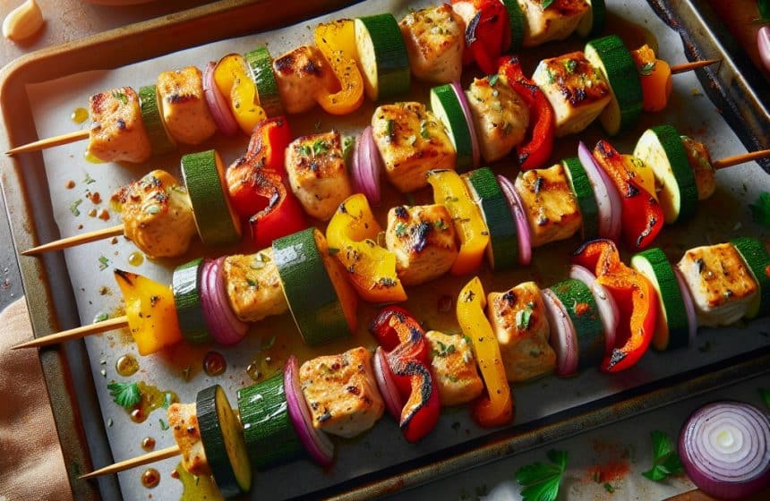 Brochettes de Poulet au Four avec Légumes