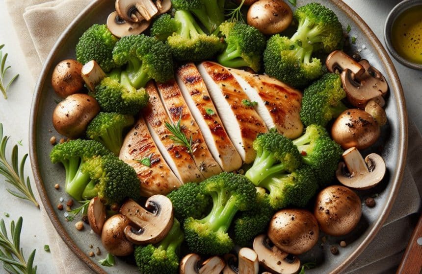 Blanc de Poulet Grillé avec Brocolis et Champignons Sautés