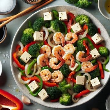 Crevettes Sautées avec Tofu, Poivron et Oignon, Brocoli Vapeur