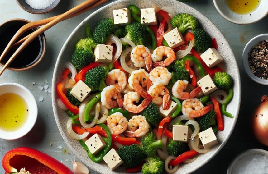 Crevettes Sautées avec Tofu, Poivron et Oignon, Brocoli Vapeur