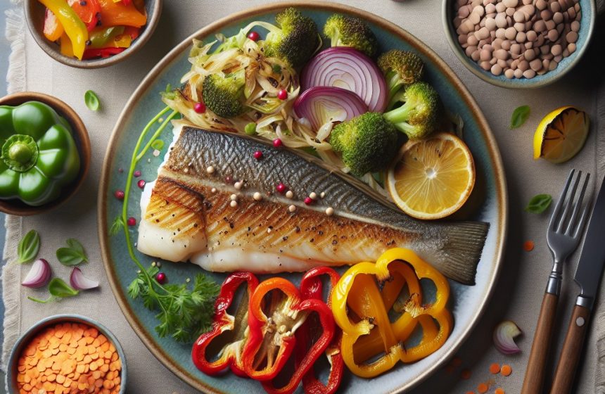 Cabillaud aux Poivrons et Oignons Rôtis avec Lentilles Corail et Chou