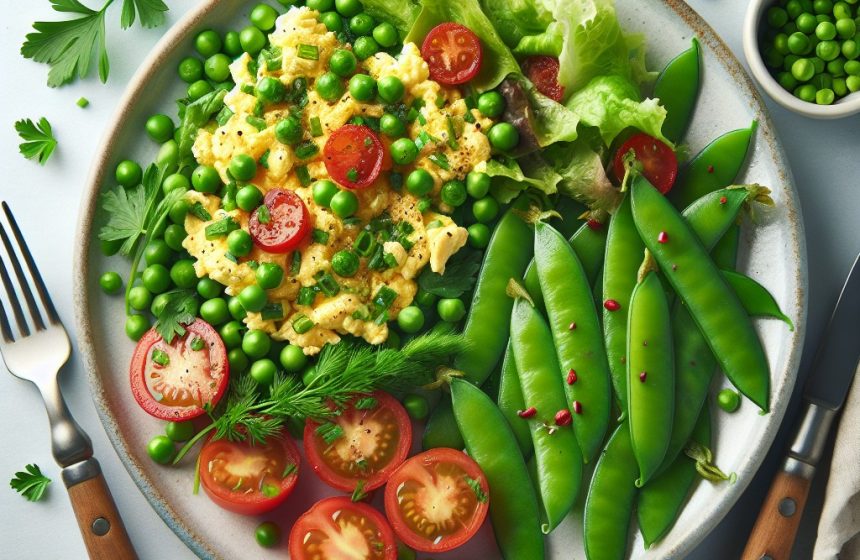 Œufs Brouillés aux Herbes avec Haricots Mange-Tout et Salade Verte aux Tomates