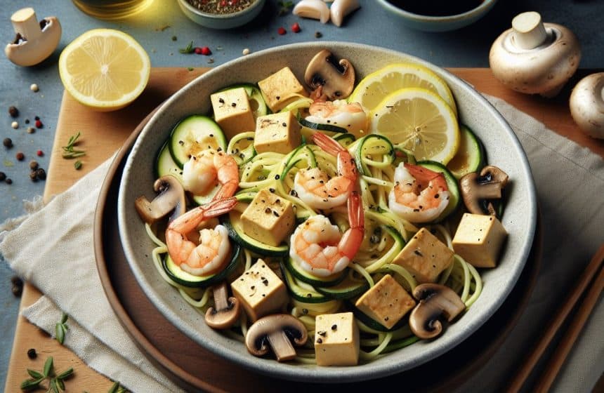Tofu et Crevettes Sautés avec Spaghetti de Courgette, Champignon et Oignon
