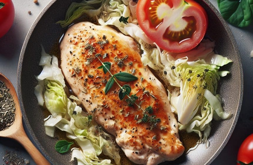 Escalope de Poulet avec Choux et Tomate Braisé à la Poêle